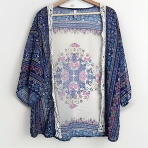 Xhilaration Boho Sheer Kimono Cardigan S/M Lace Trim Mandala Print